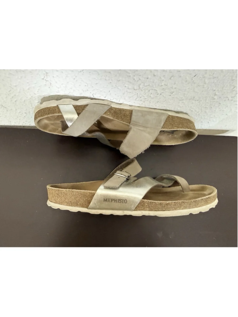 Mephisto Nalia Sandal Womens 38EU/8US Slip On Slide Silver & Tan Leather Boho